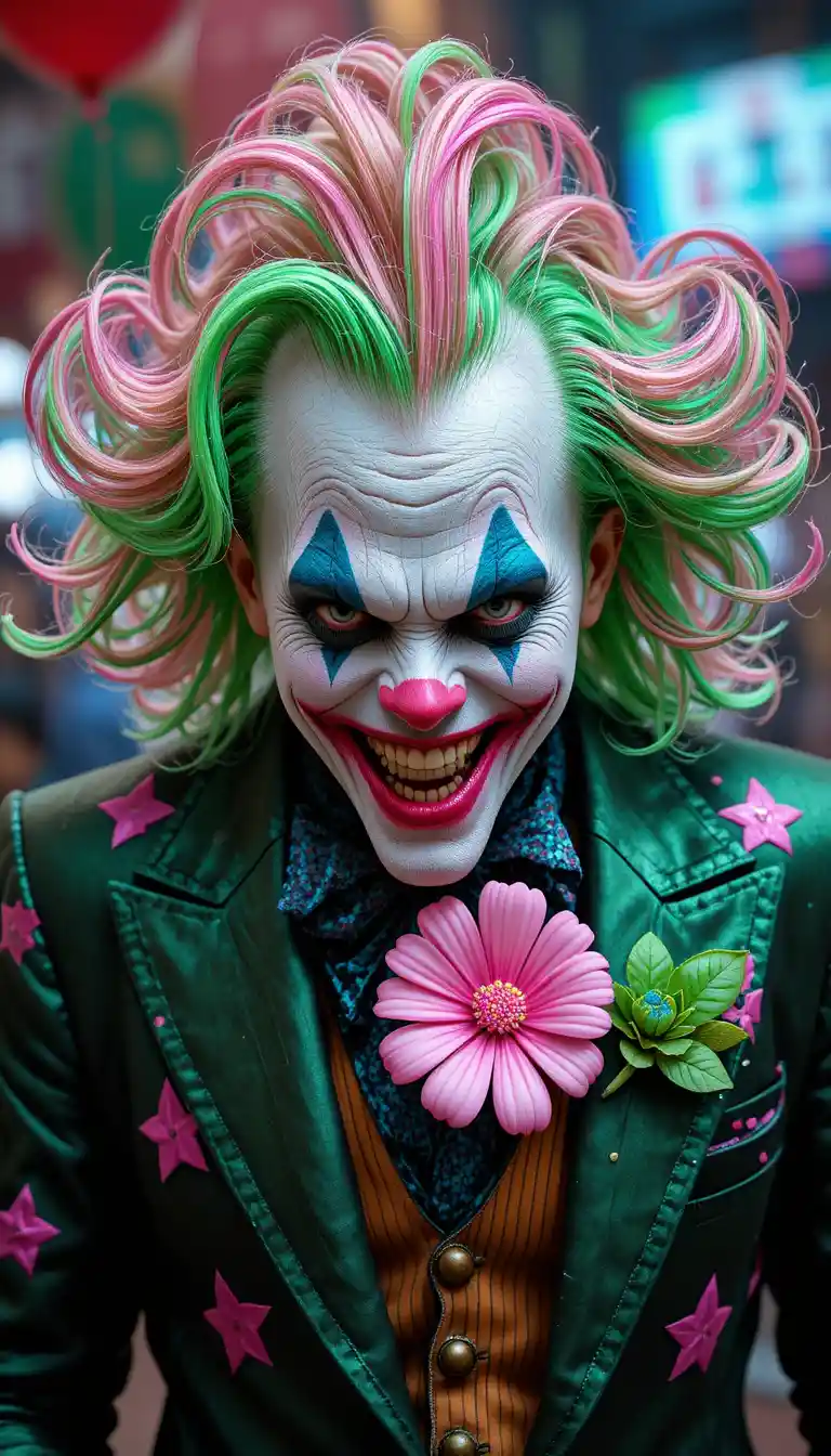 Clown minaccioso con capelli verdi e rosa nella casa degli orrori