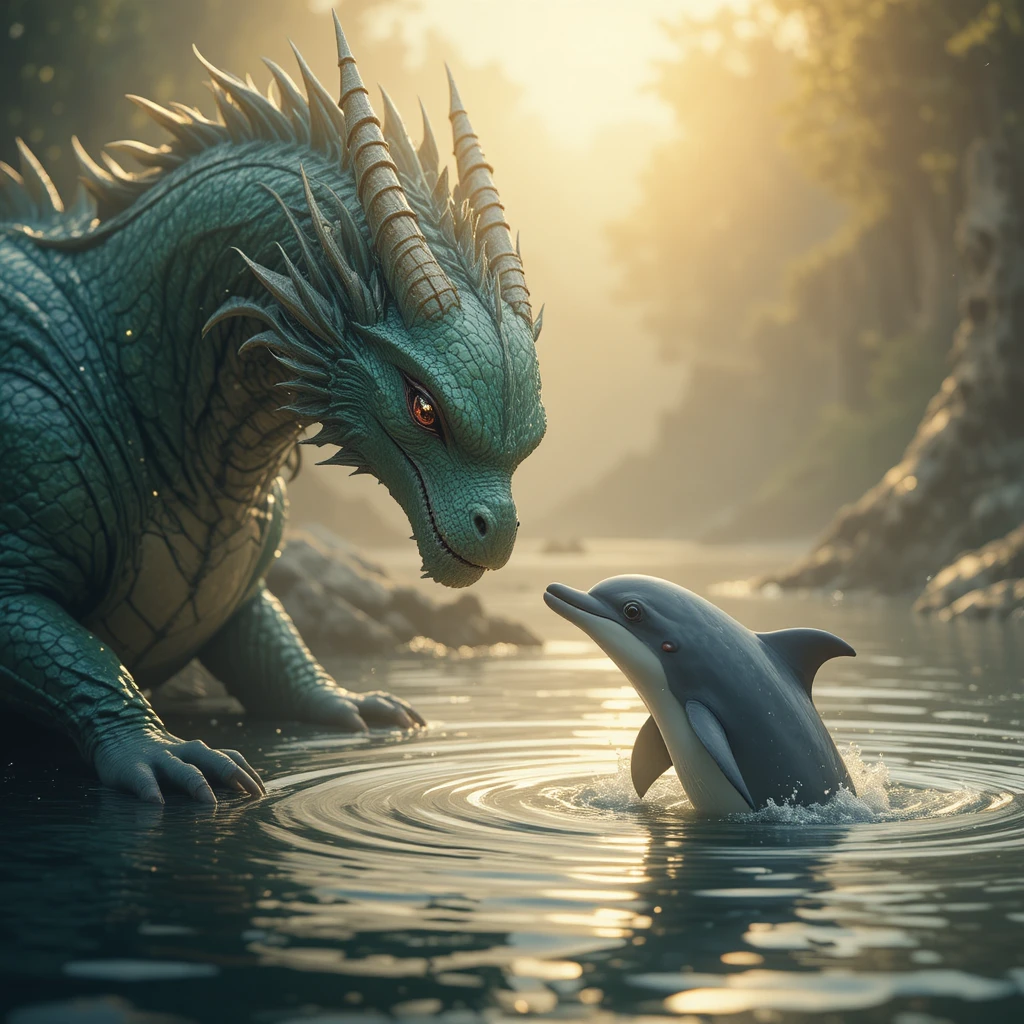 Dragon fantastique et dauphin dans une scène d’océan lumineux