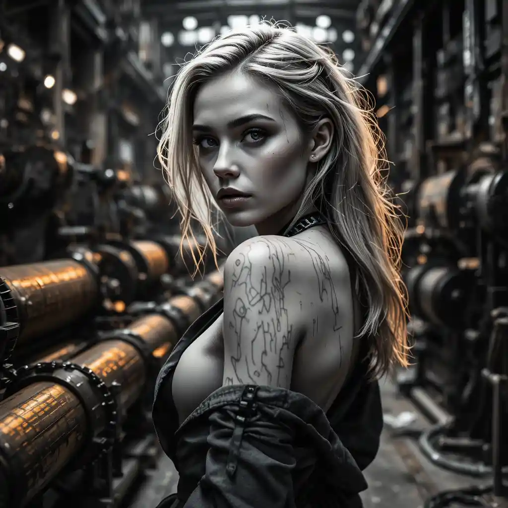Cyber noir woman in chains in abandoned steel factory