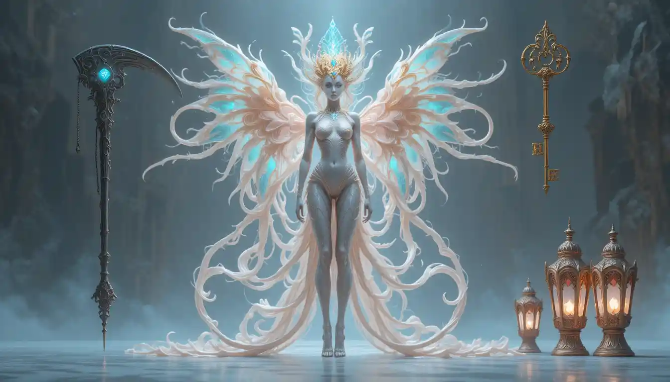 Creatura fantastica alata ed eterea con ornate reliquie mistiche