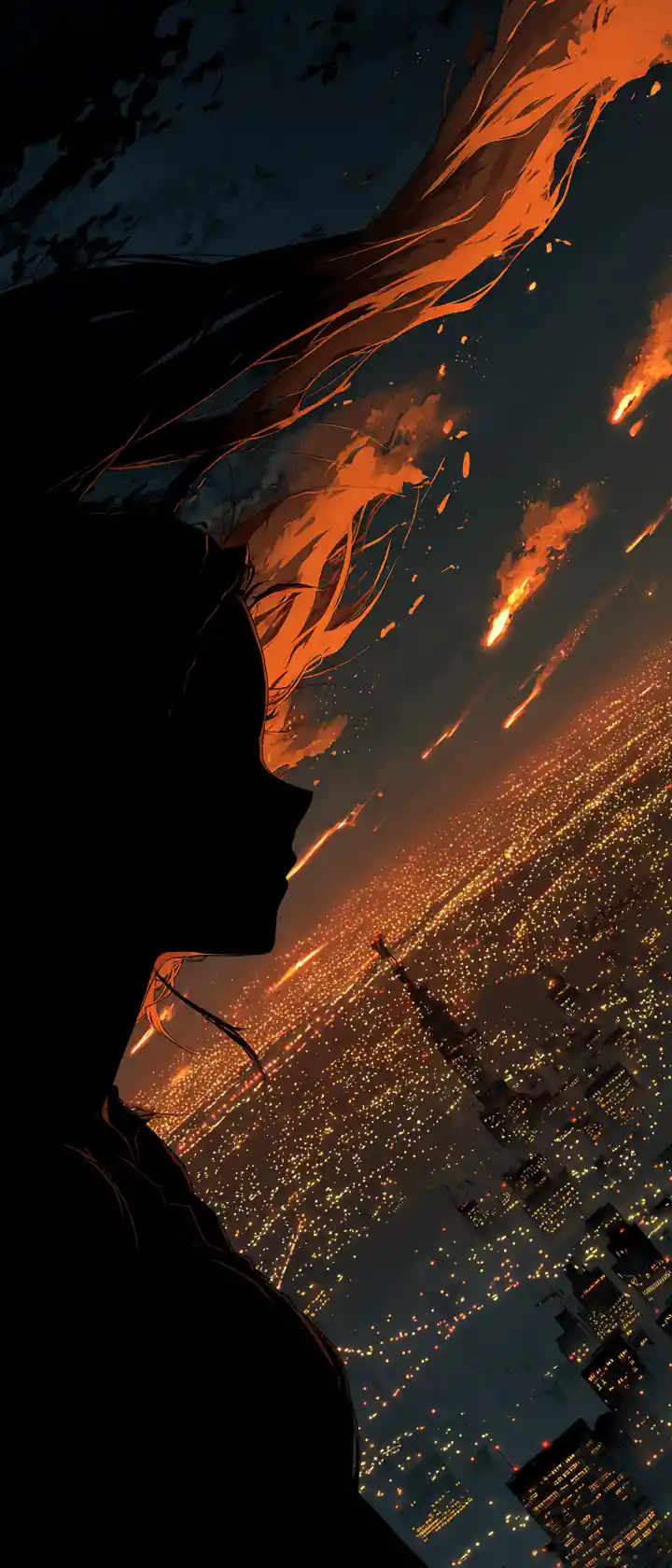 B 17 bomber silhouetted over burning city night sky