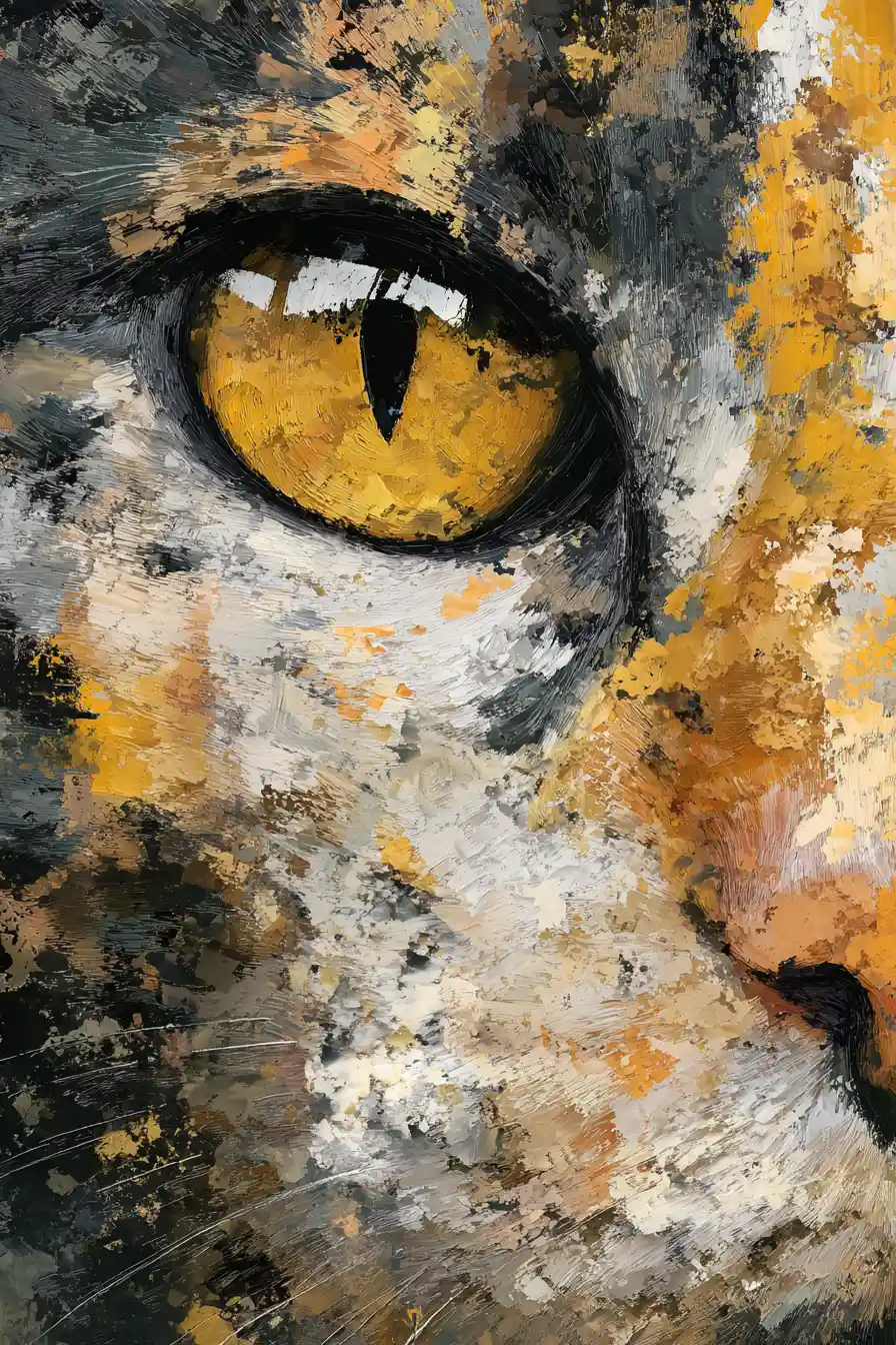 Abstract close up portrait of a cat face in ochre tones
