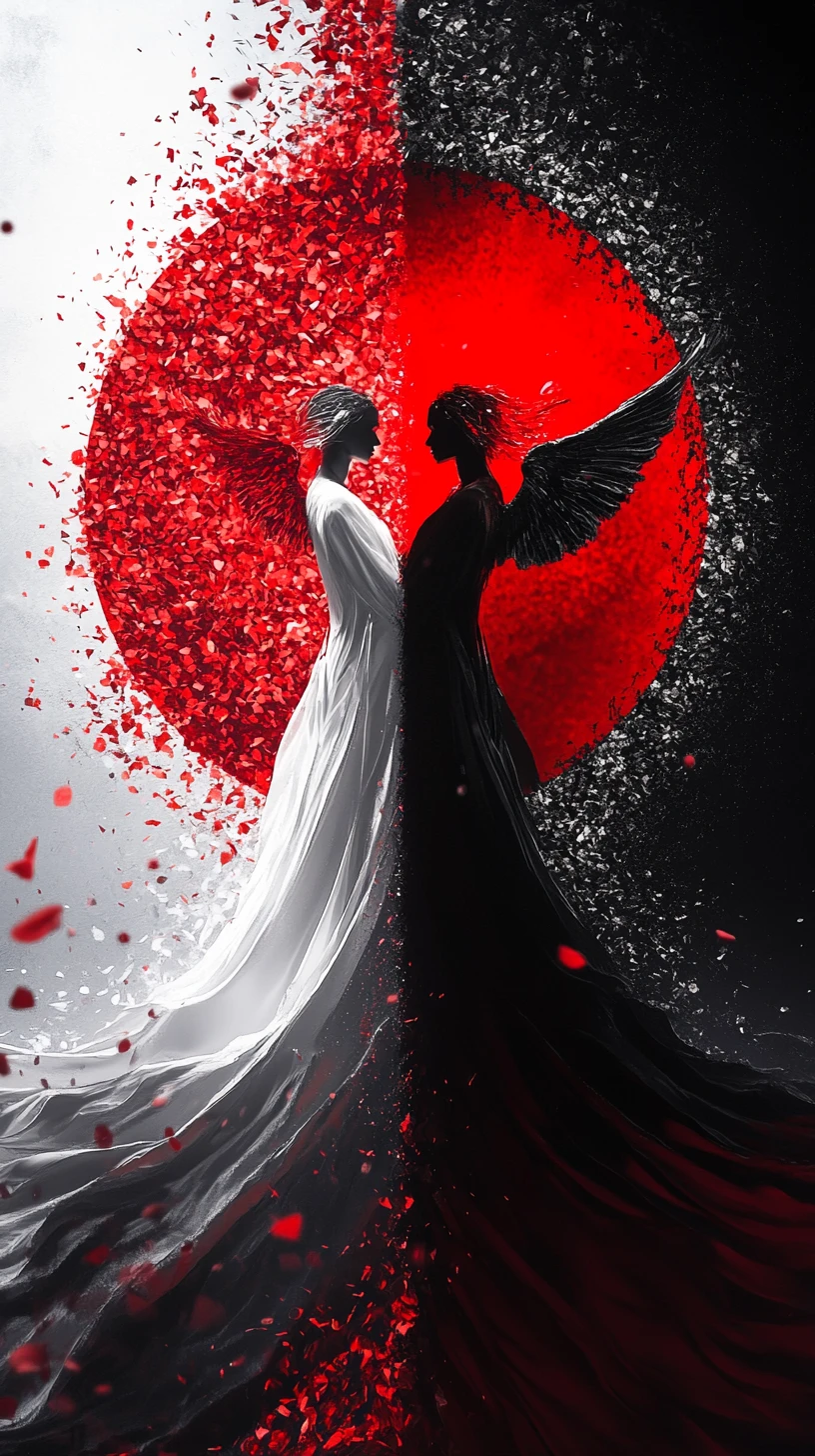 High contrast yin yang with radiant red and silver glow