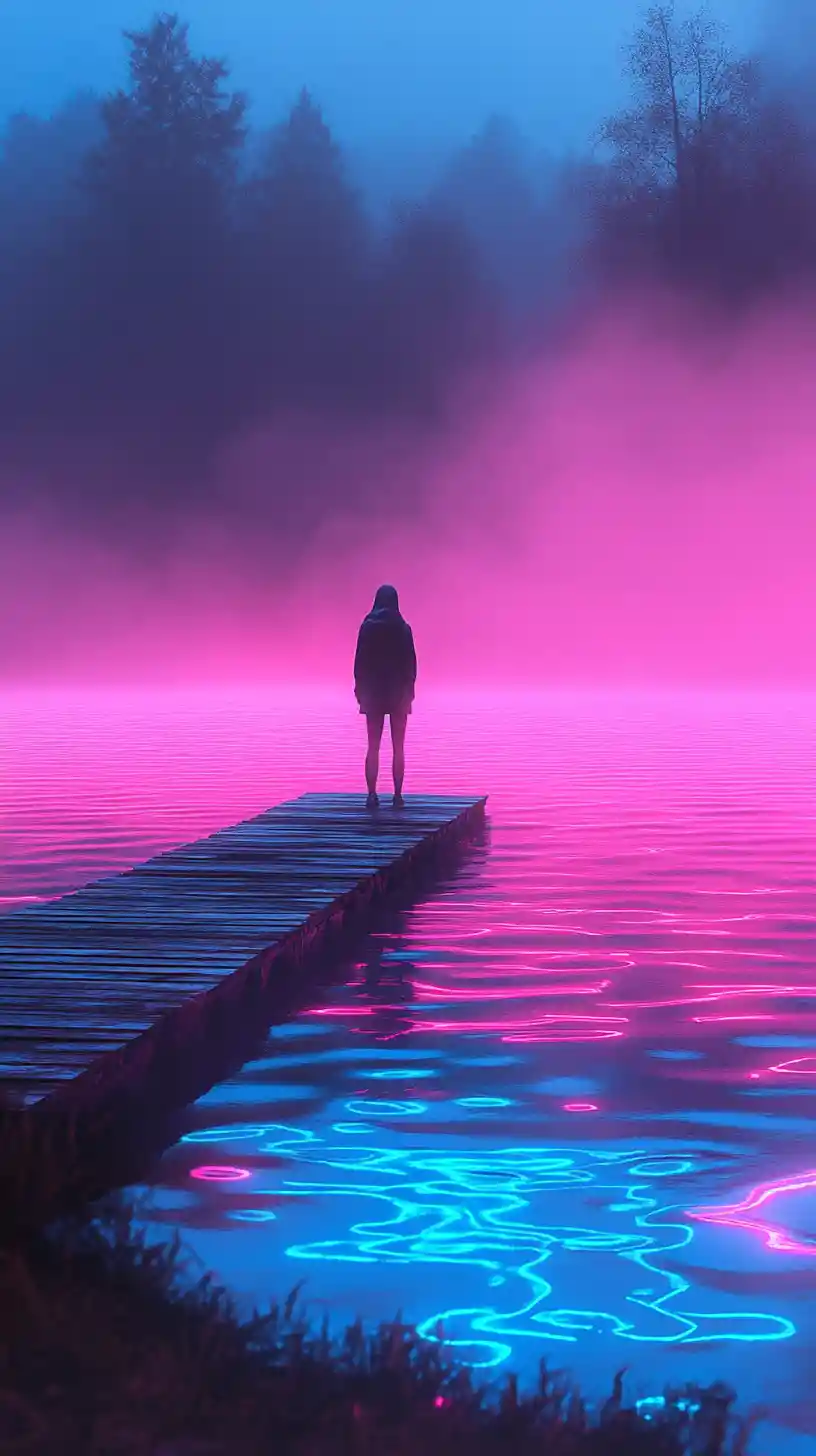 Girl on a dock at a misty pink bioluminescent lake