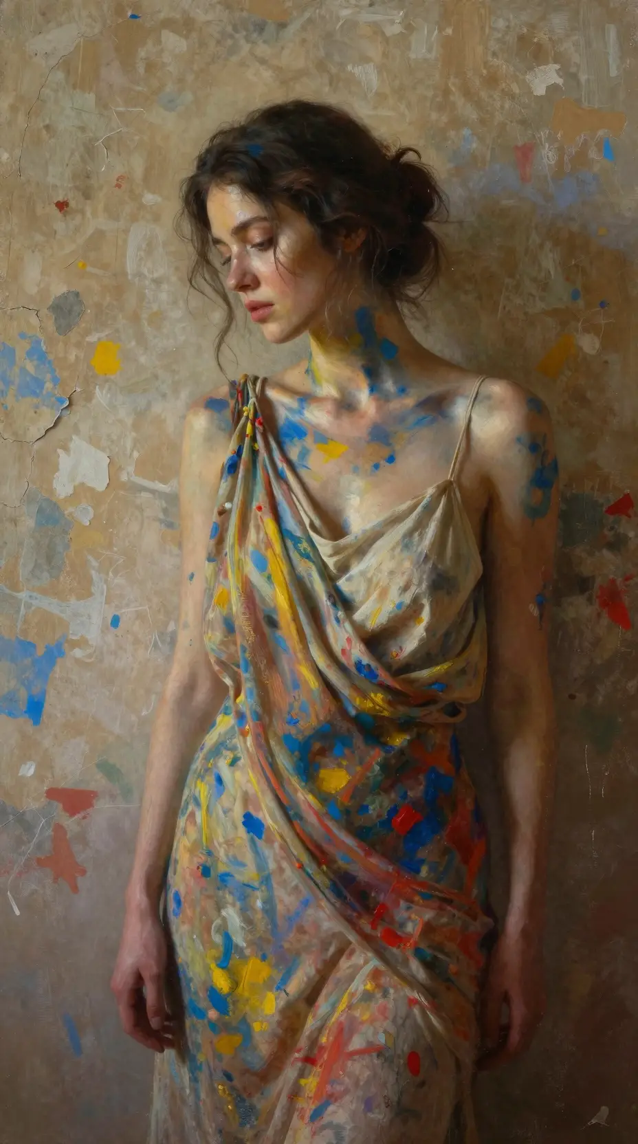 Painted woman in front of a weathered textured wall