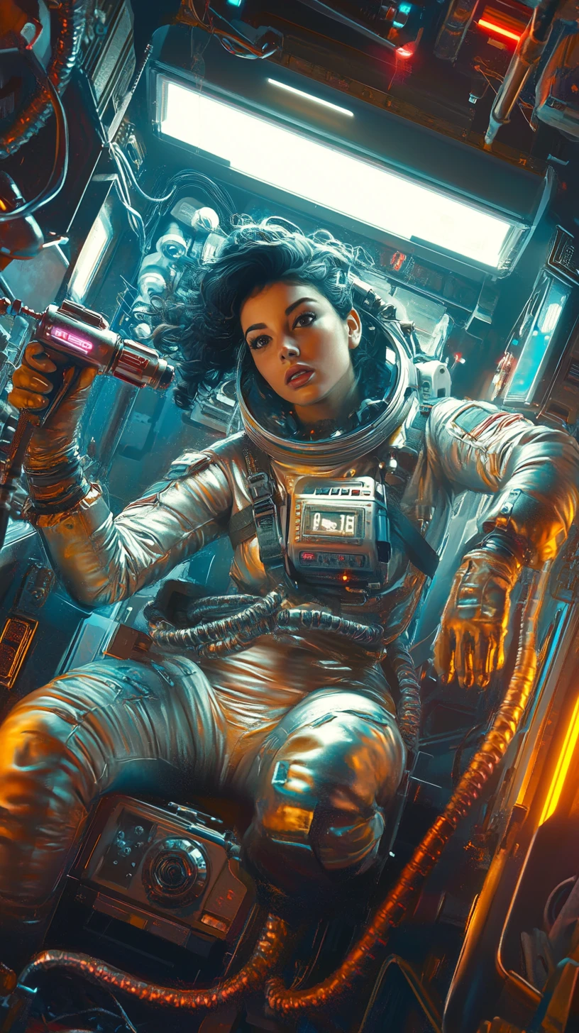 Astronauta Donna Formosa con Trapano in Stazione Spaziale Retrò