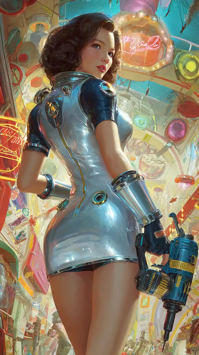 Curvy female astronaut with drill in neon retro space station
