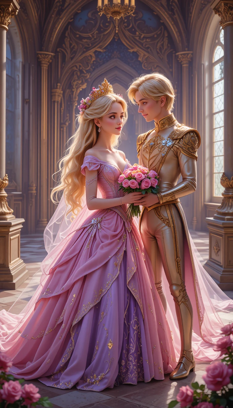 Princess receiving roses from prince in a grand castle