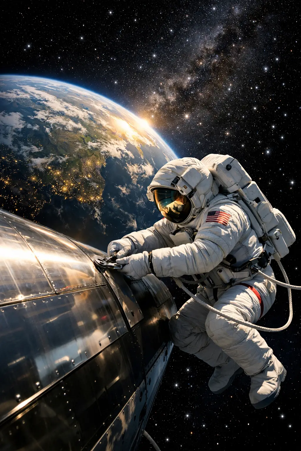 An astronaut performing a spacewalk on a metallic ship with Earth and the Milky Way in the background