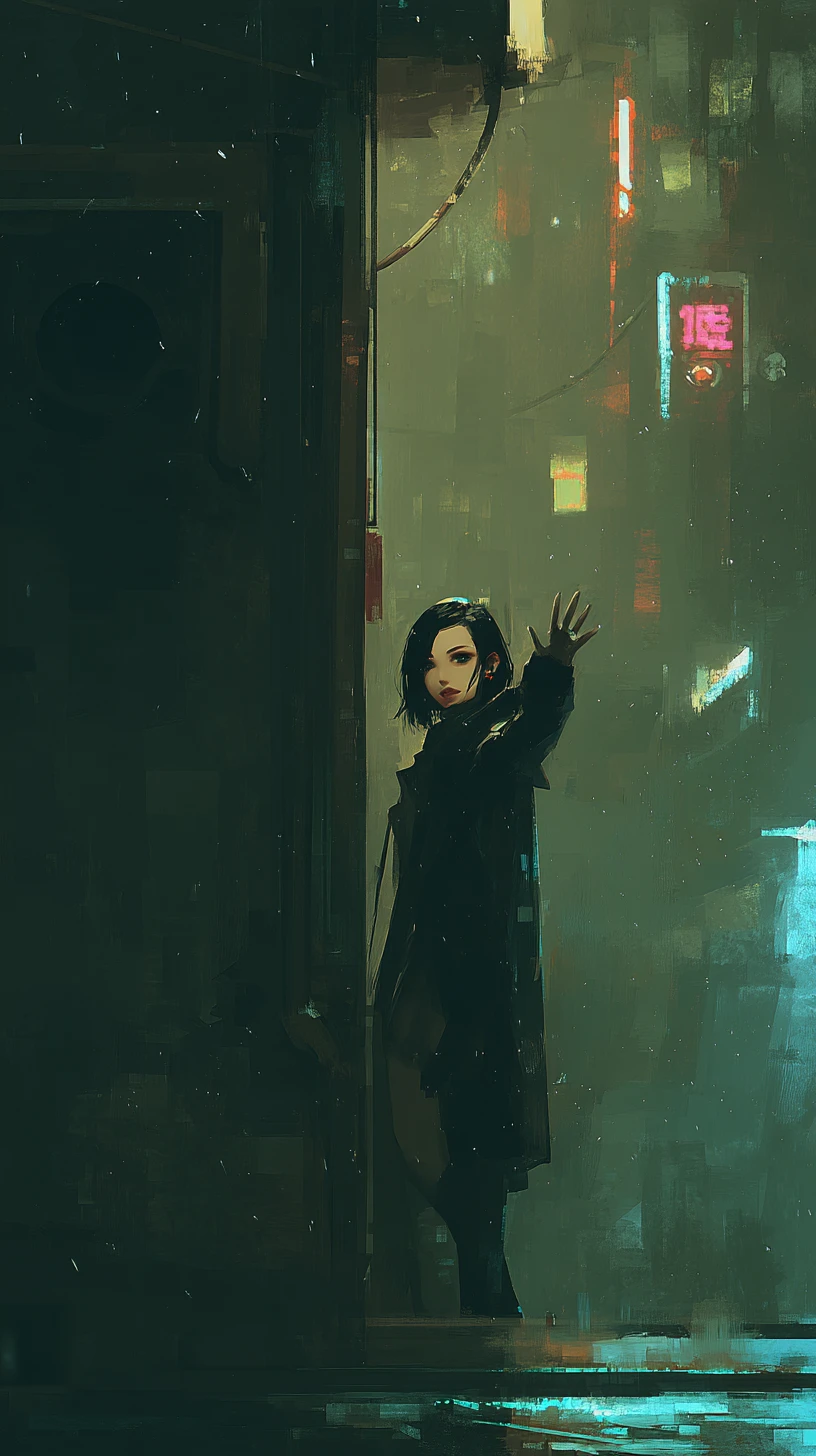 Mulher acenando em uma rua urbana encharcada de chuva à noite