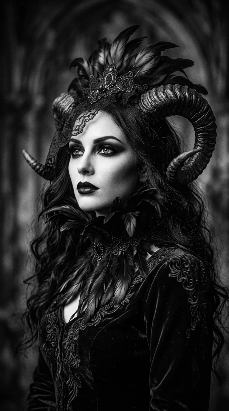 Gothic horned woman in dramatic black and white portrait