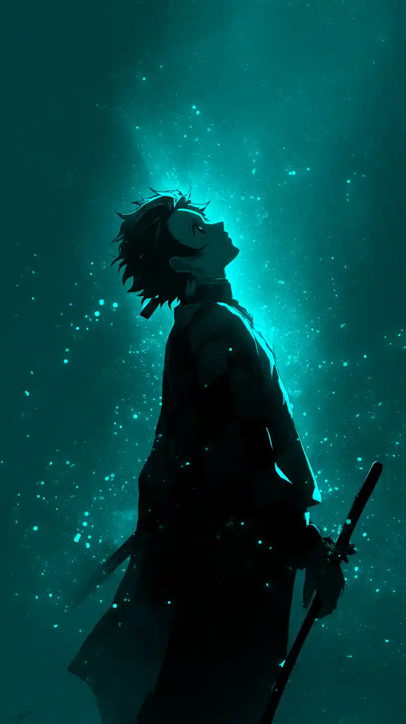 Anime swordsman in profile against glowing cosmic teal void