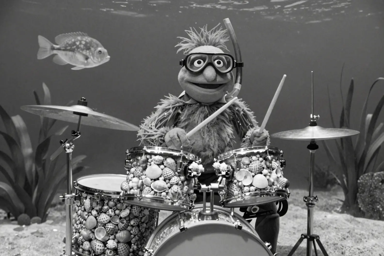 Underwater drummer playing seashell drums in black and white