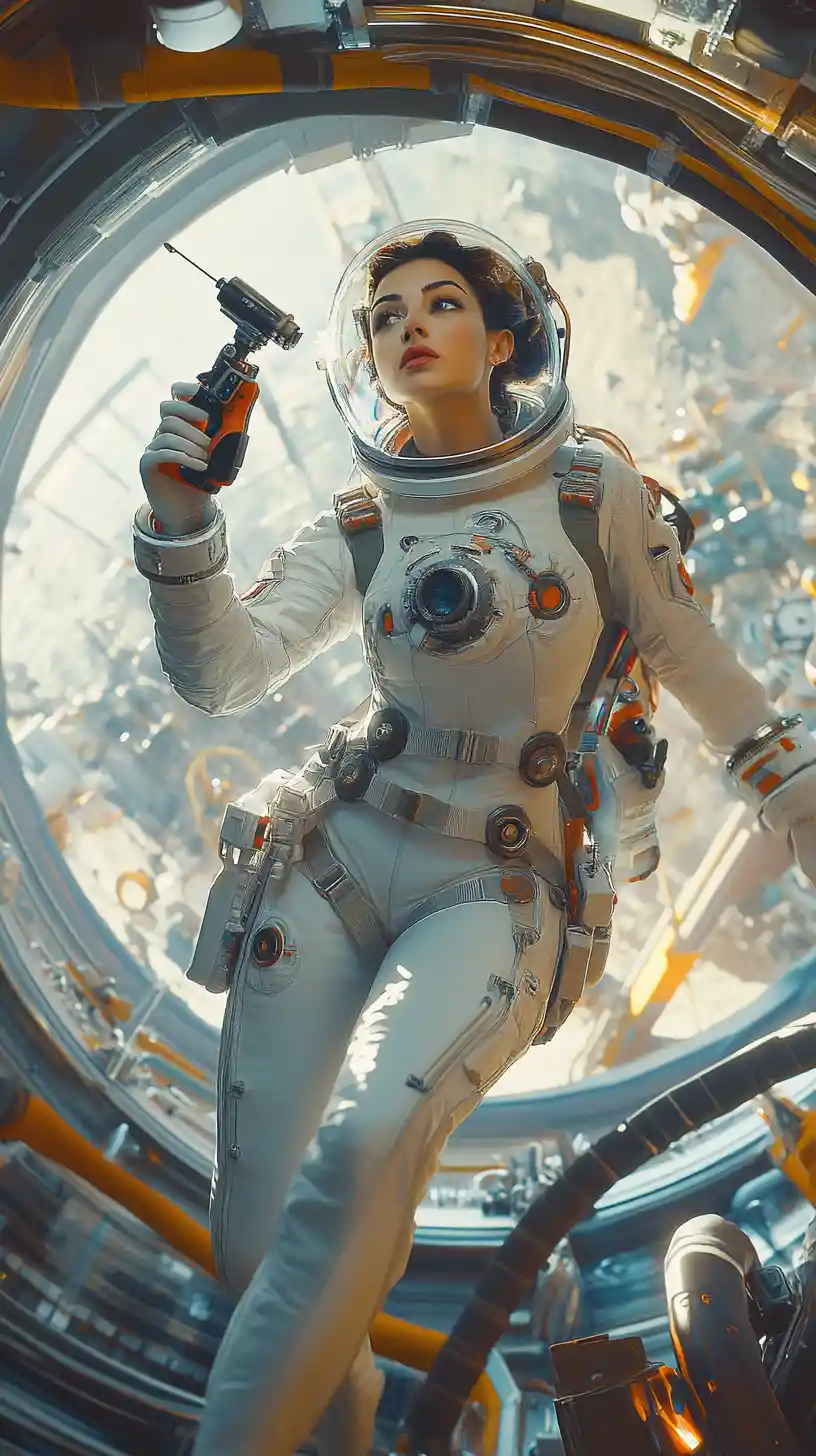 Female astronaut floating in a retro futuristic space station