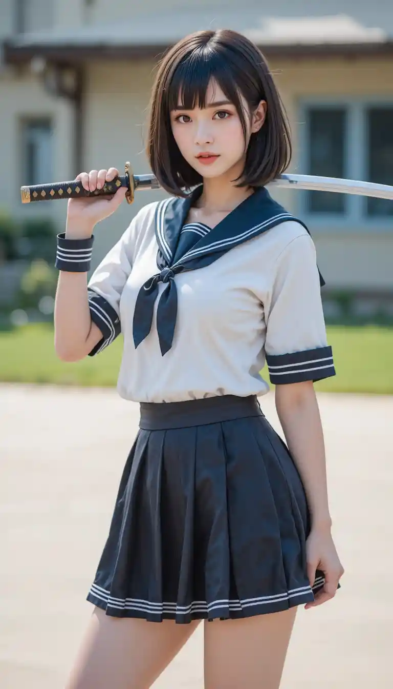 Young woman in school uniform holding katana in schoolyard
