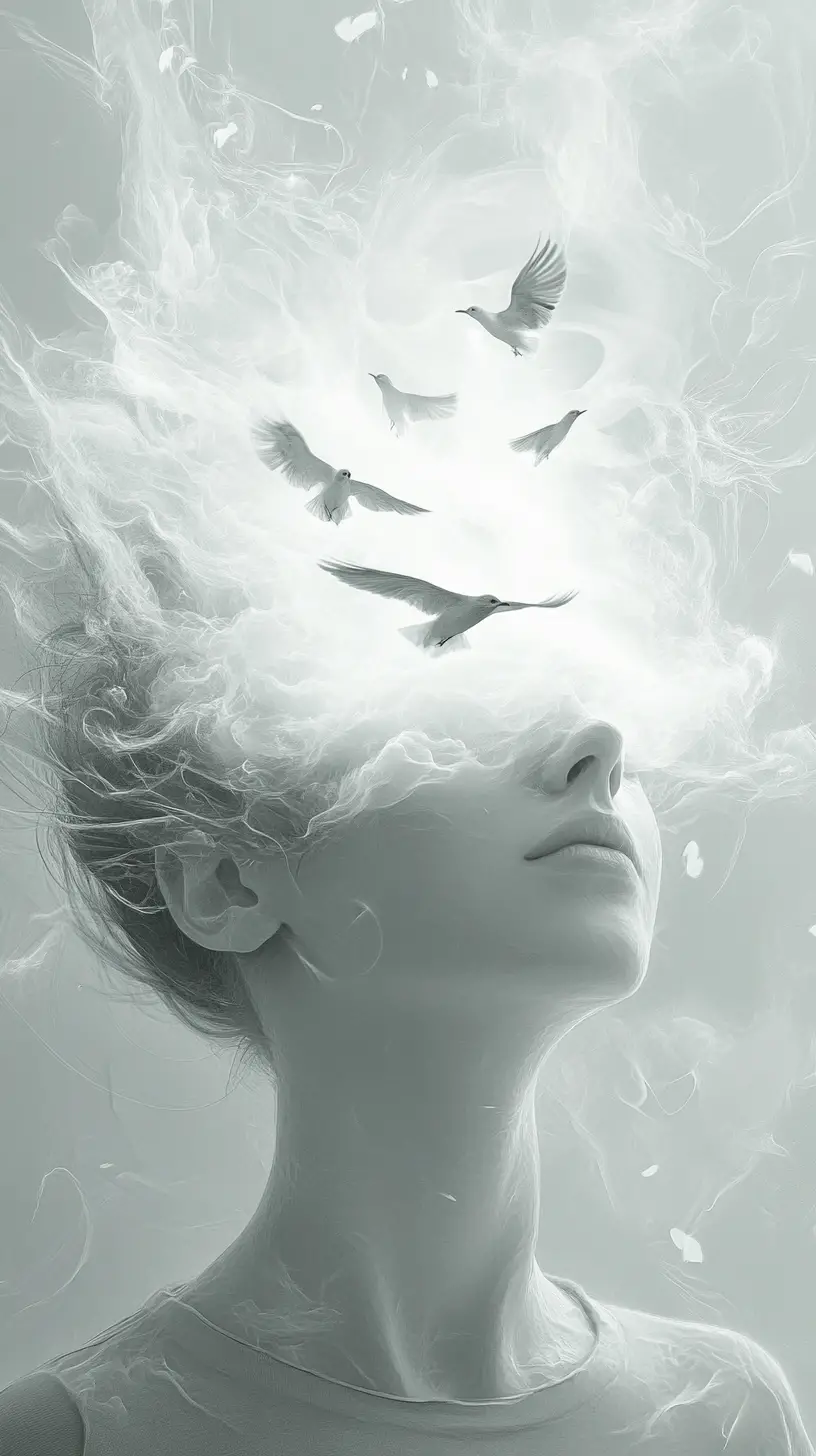 Surreal figure with cloud hair dissolving into the sky