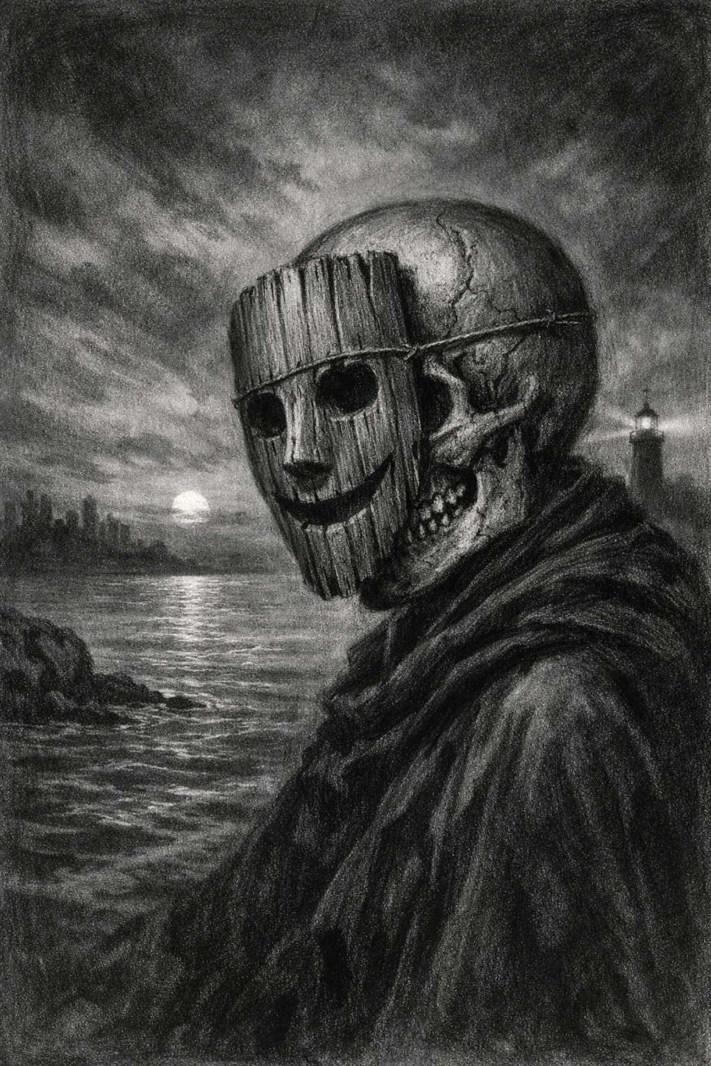 Charcoal portrait of skull masked figure by a distant lighthouse