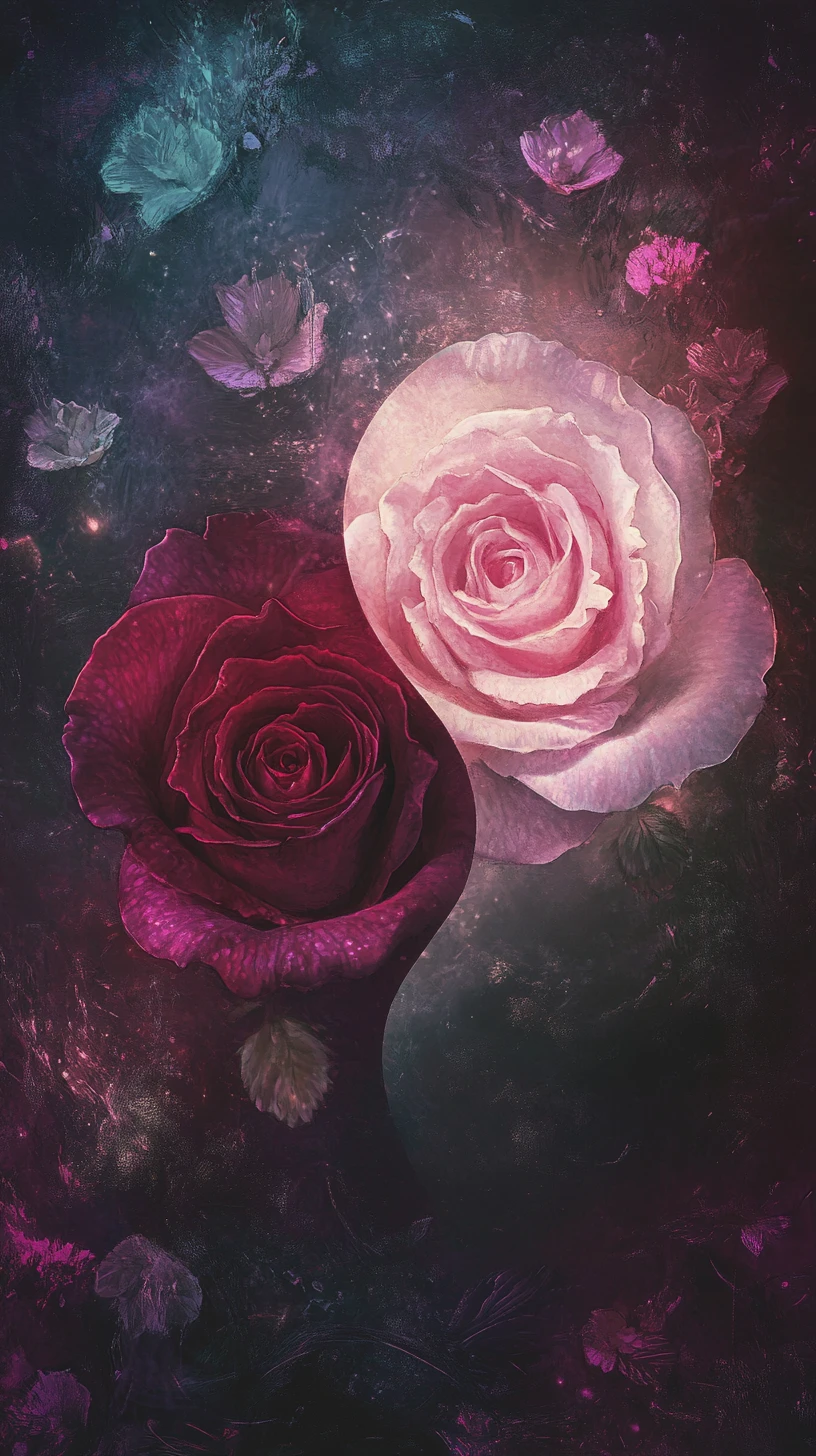 Two glowing roses in a dreamy yin yang garden
