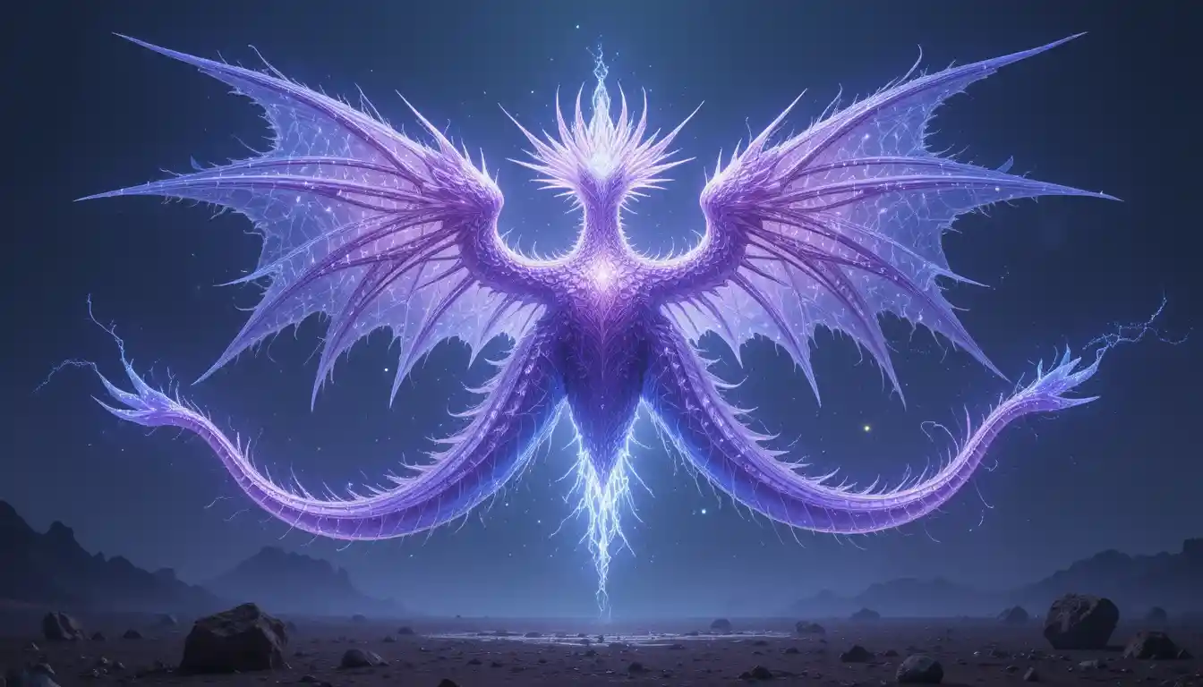 荒涼とした景色の上を漂う幻想的な発光ドラゴン