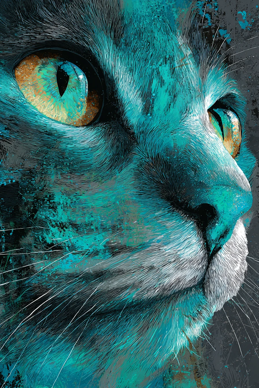 Ritratto astratto in primo piano di un muso di gatto in tonalità verde acqua