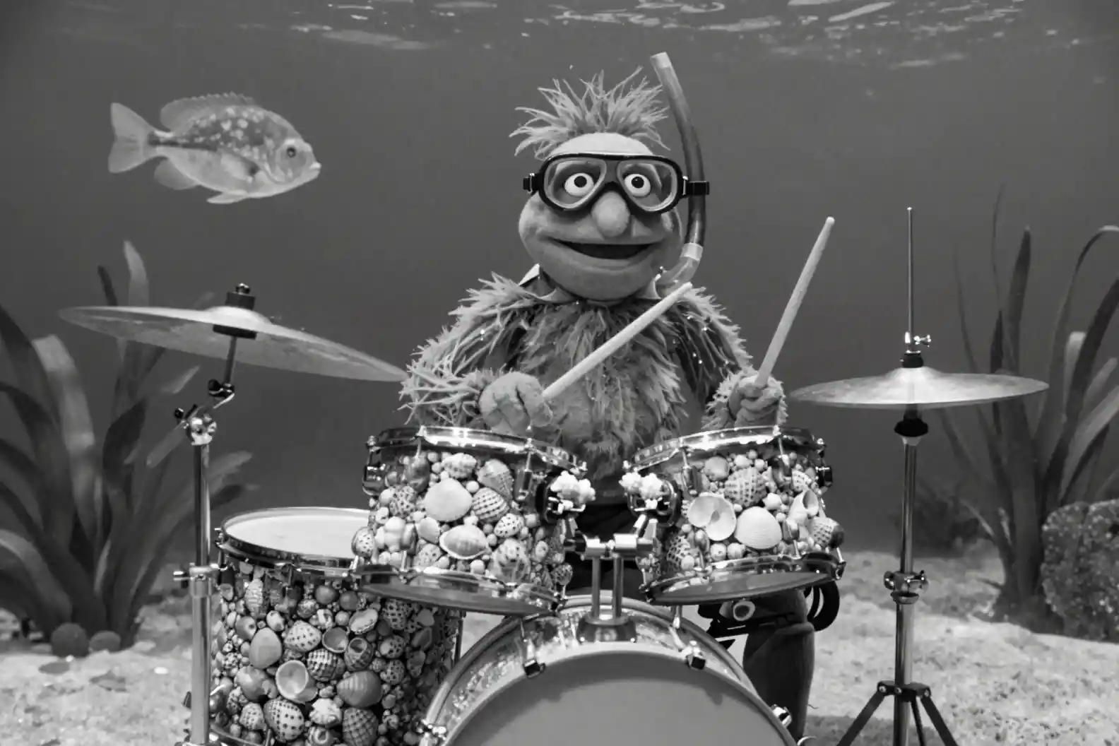 Underwater drummer playing seashell drums in black and white