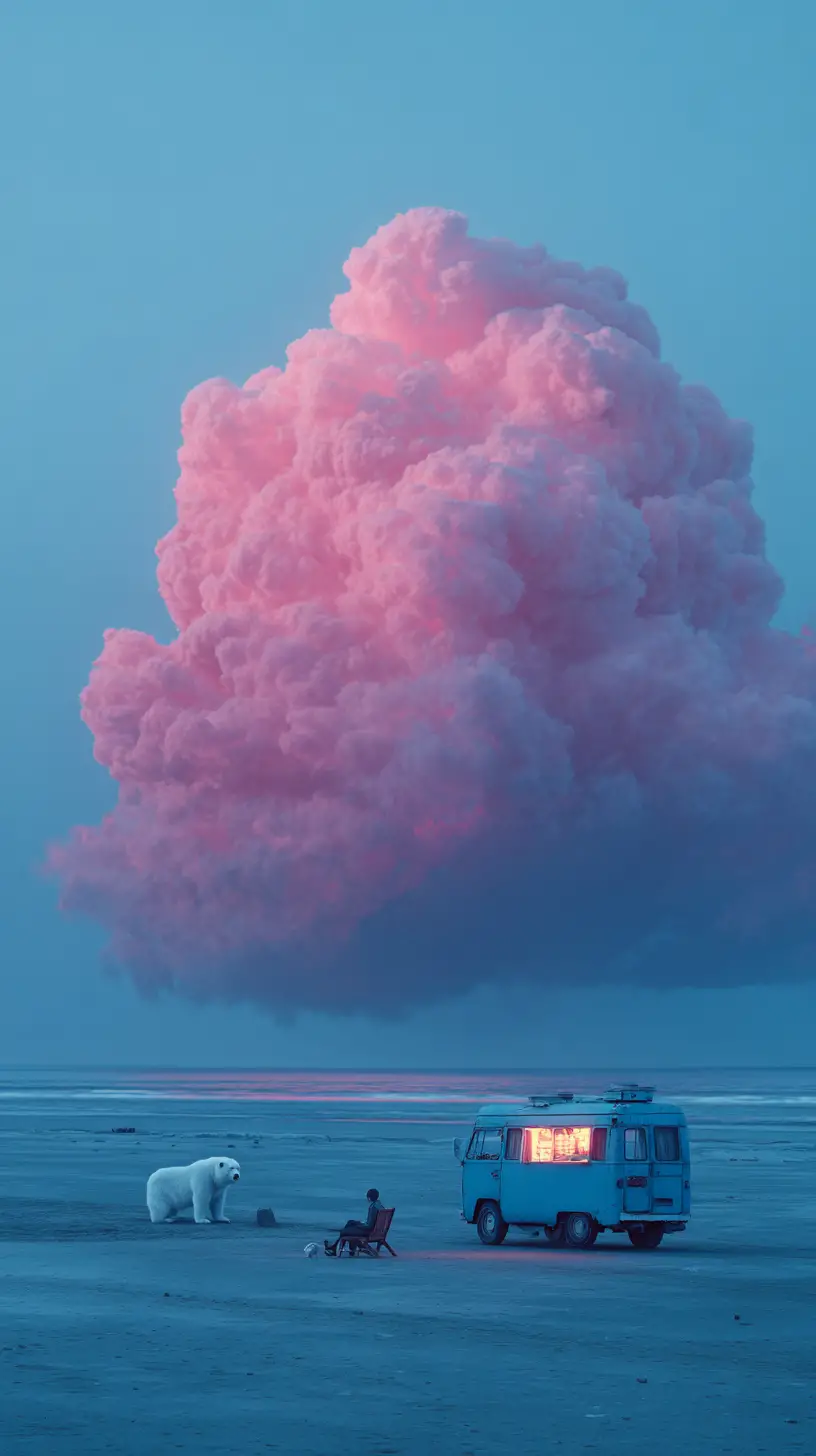 Surreal Twilight Beach With Vintage Food Truck And Animals