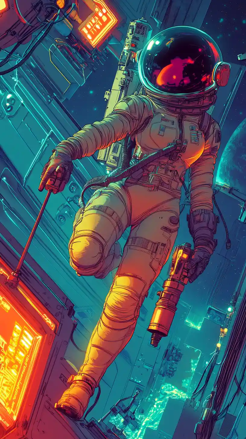 Kurvige Astronautin mit Bohrmaschine in einer Neon-Raumstation