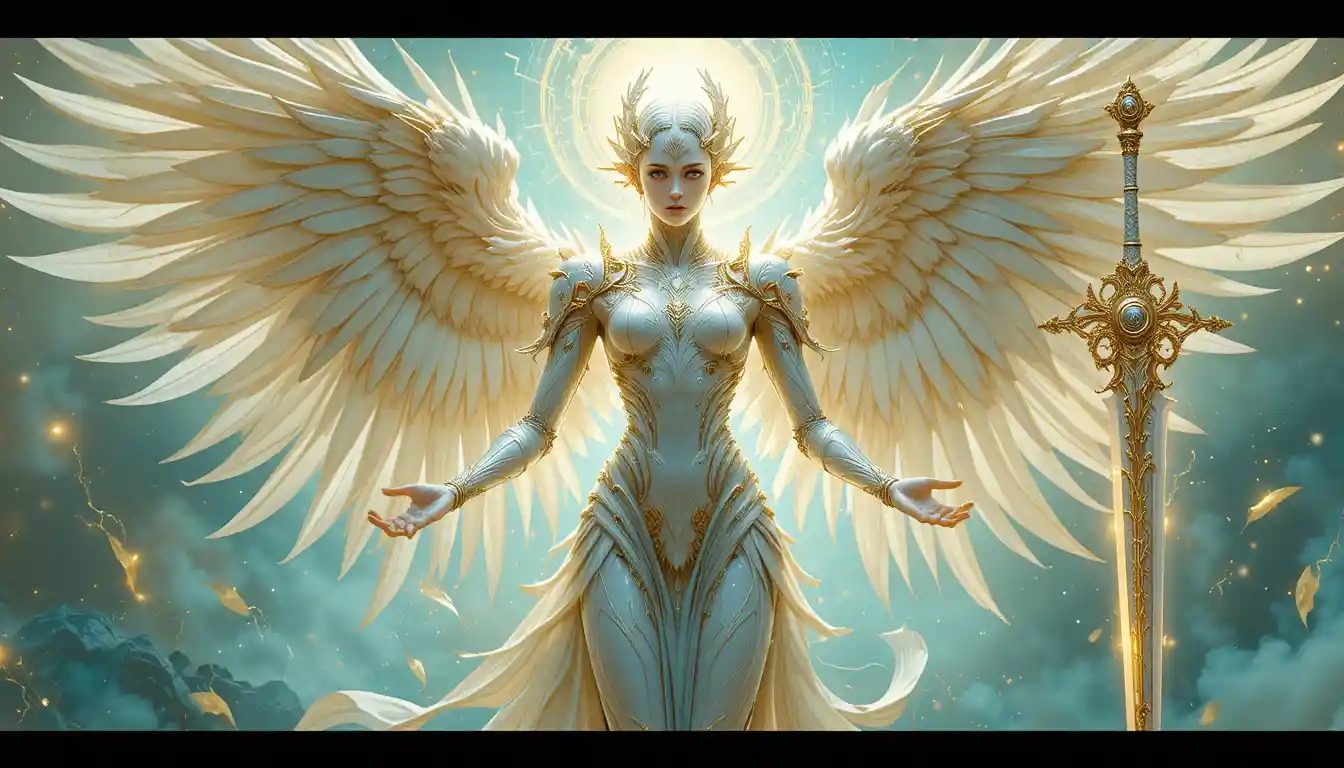 Radiant Angelic Being With Wings And Celestial Sword