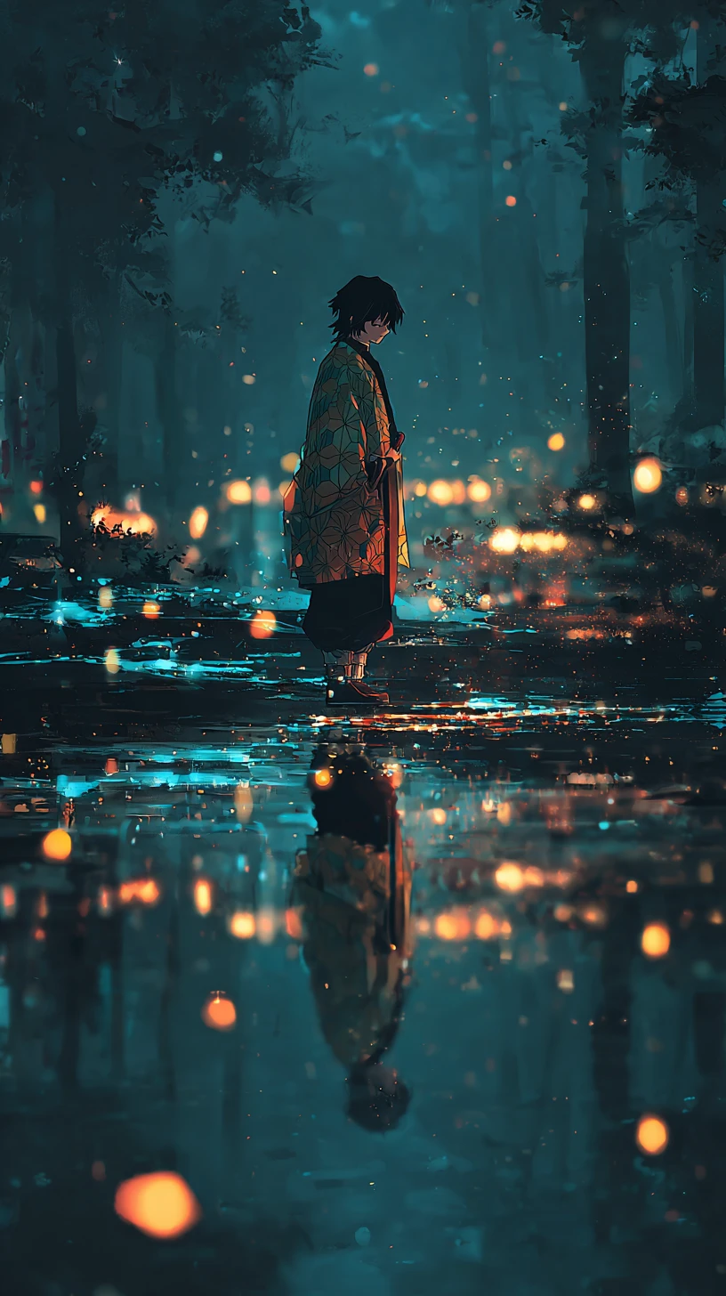 Ragazzo anime con haori in piedi sull’acqua di una foresta al chiaro di luna