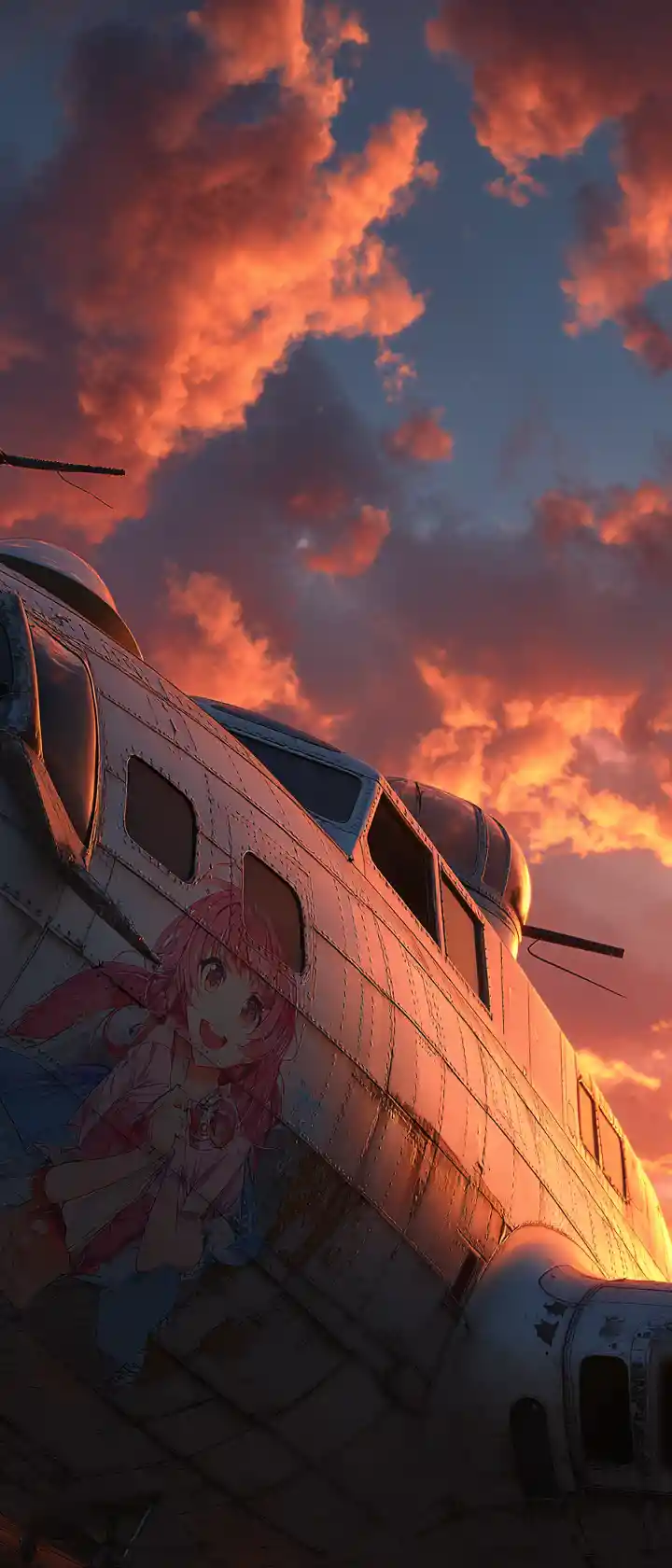 Battle scarred B 17 flying toward a burning sunset
