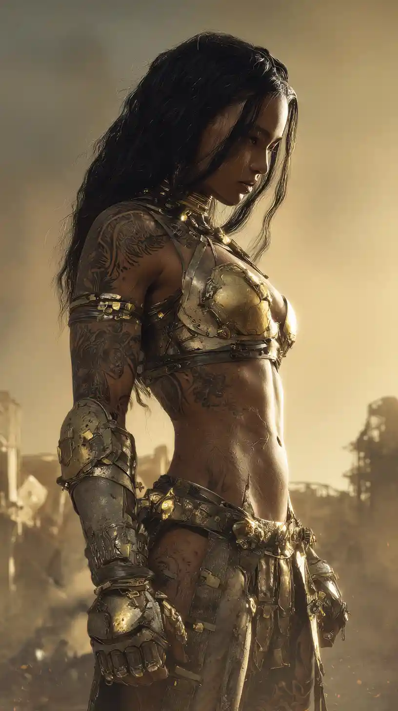 Apocalyptic warrior goddess in ruins at golden hour