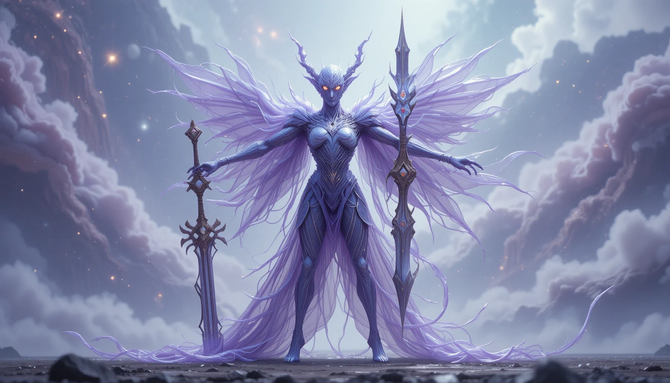 Ethereal crystal humanoid wielding an ornate cosmic weapon