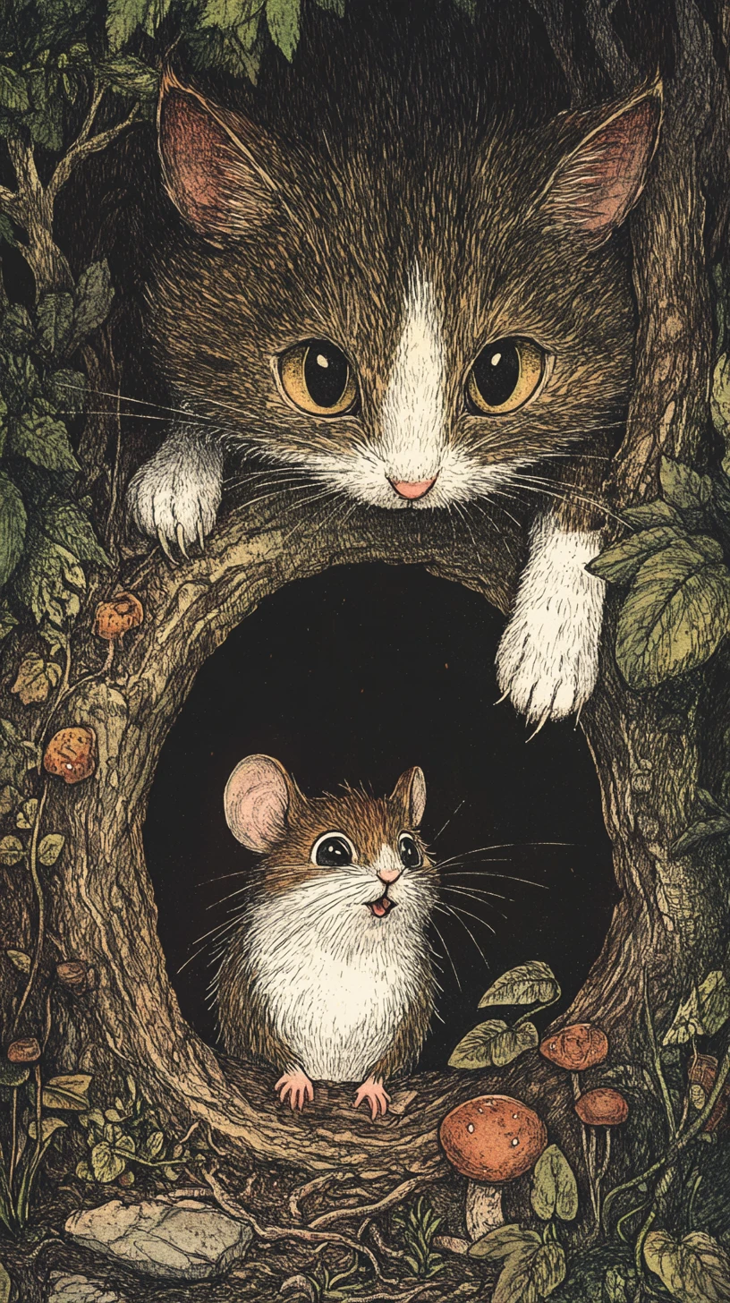 Timid mouse facing a menacing cat at its dark hole