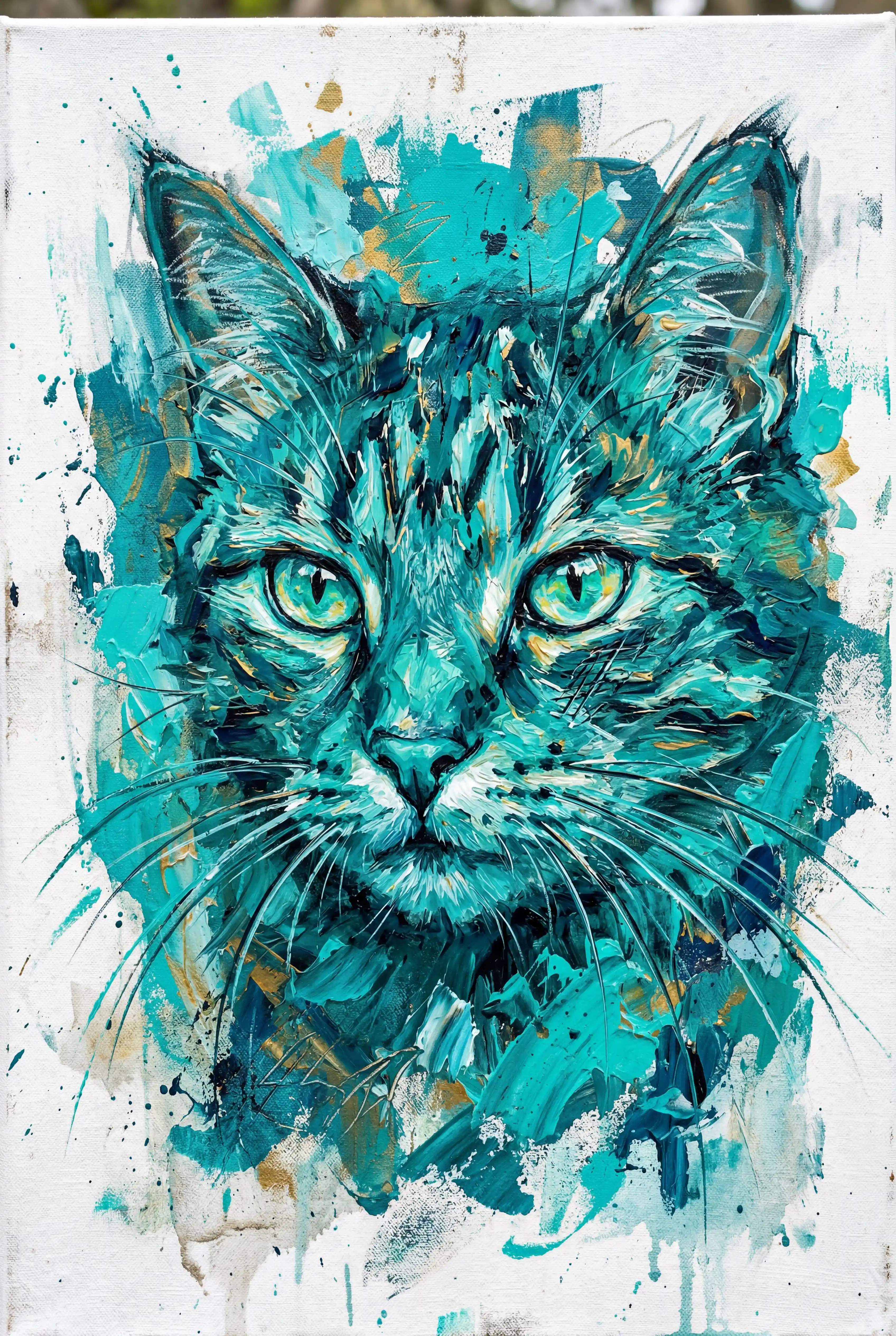 Abstract close up portrait of a teal cat on white