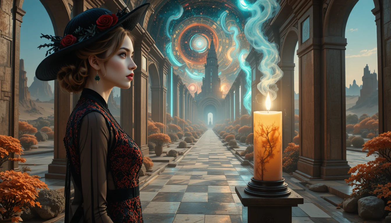 Young woman walking a surreal gothic corridor of memories