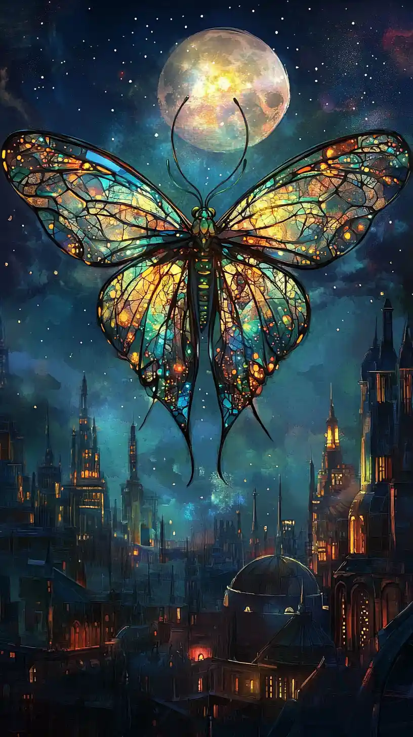 Iridescent celestial moth above a mystical moonlit city