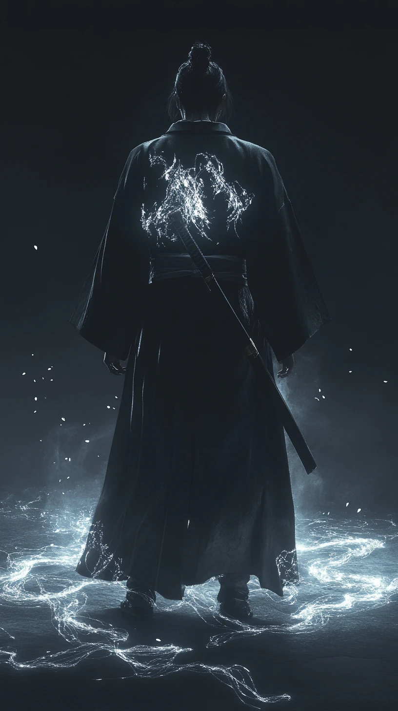 Lone samurai standing in glowing mist on dark void floor