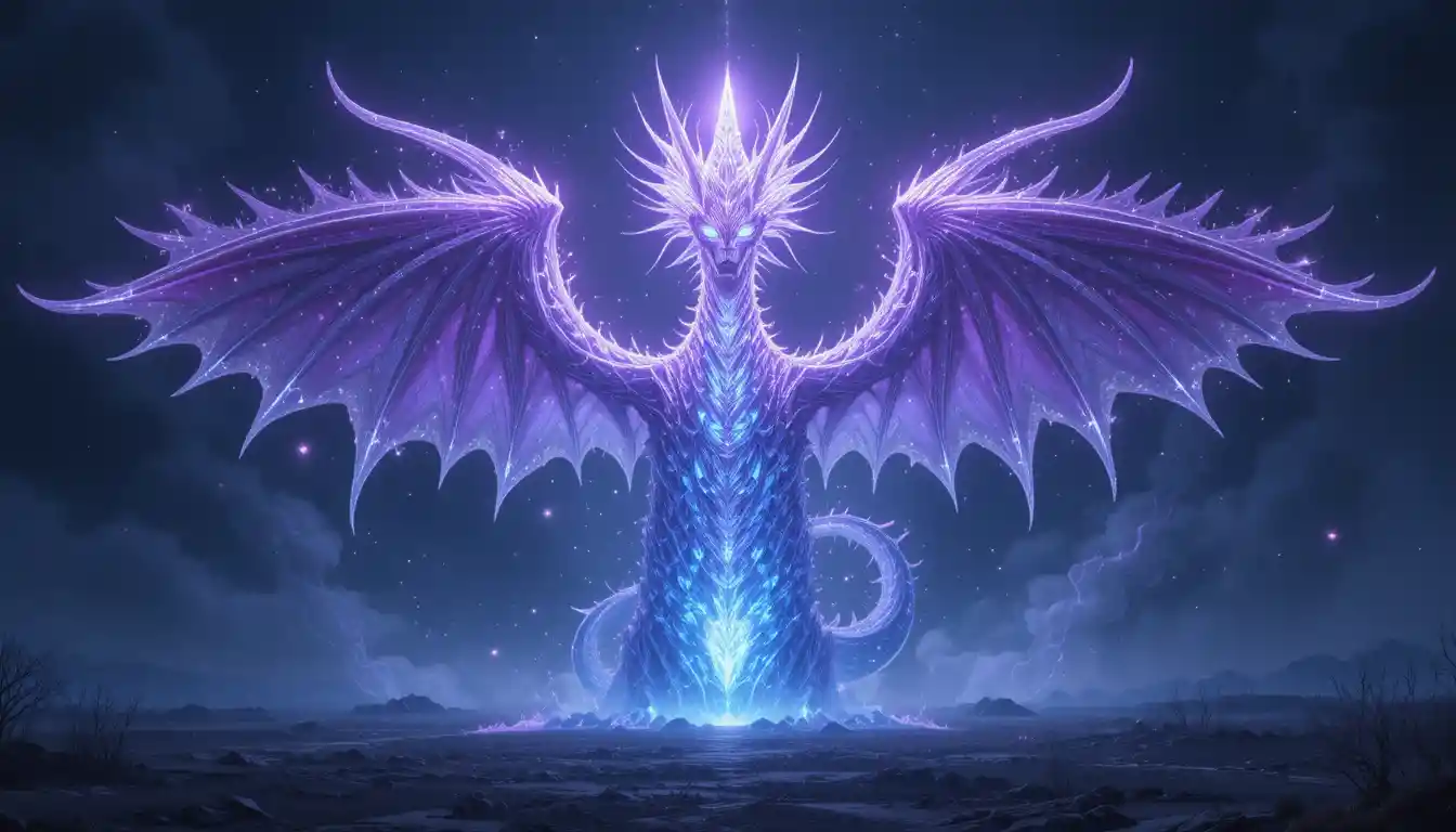 Ethereal glowing dragon above a barren mystical landscape