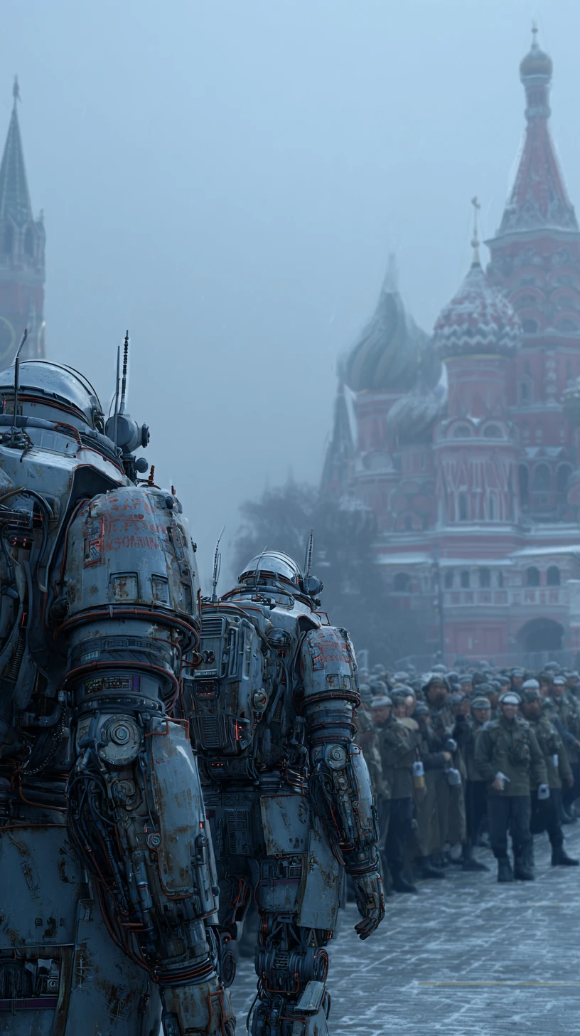 Futuristic mechs battling soldiers in a ruined city square