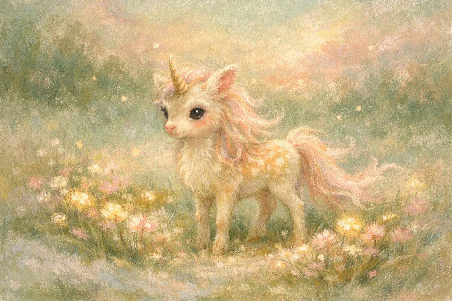 Tiny kirin in a misty meadow with glowing flowers
