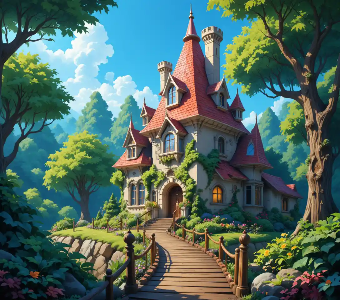 Casa incantata da fiaba in una lussureggiante foresta fantastica