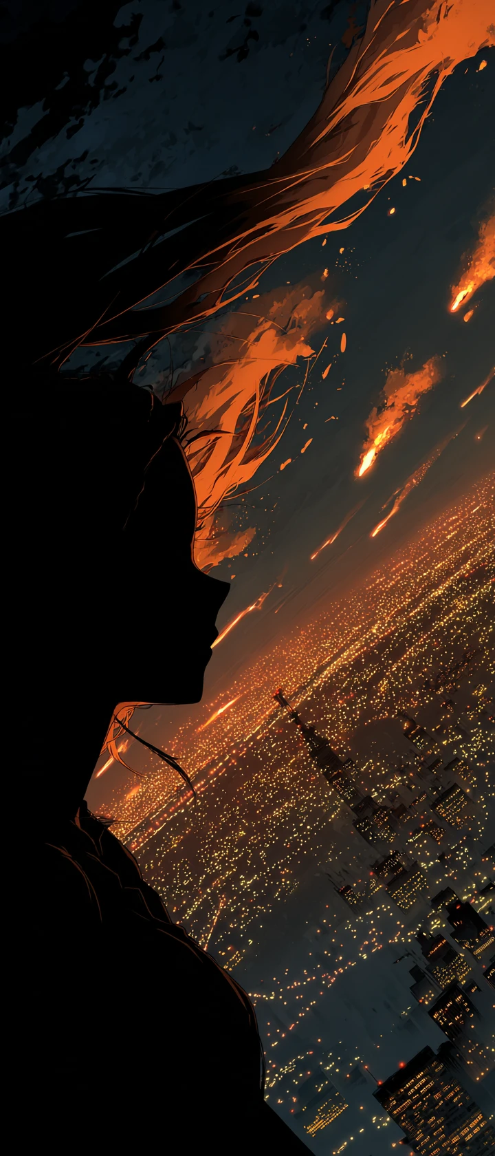 B 17 bomber silhouetted over burning city night sky