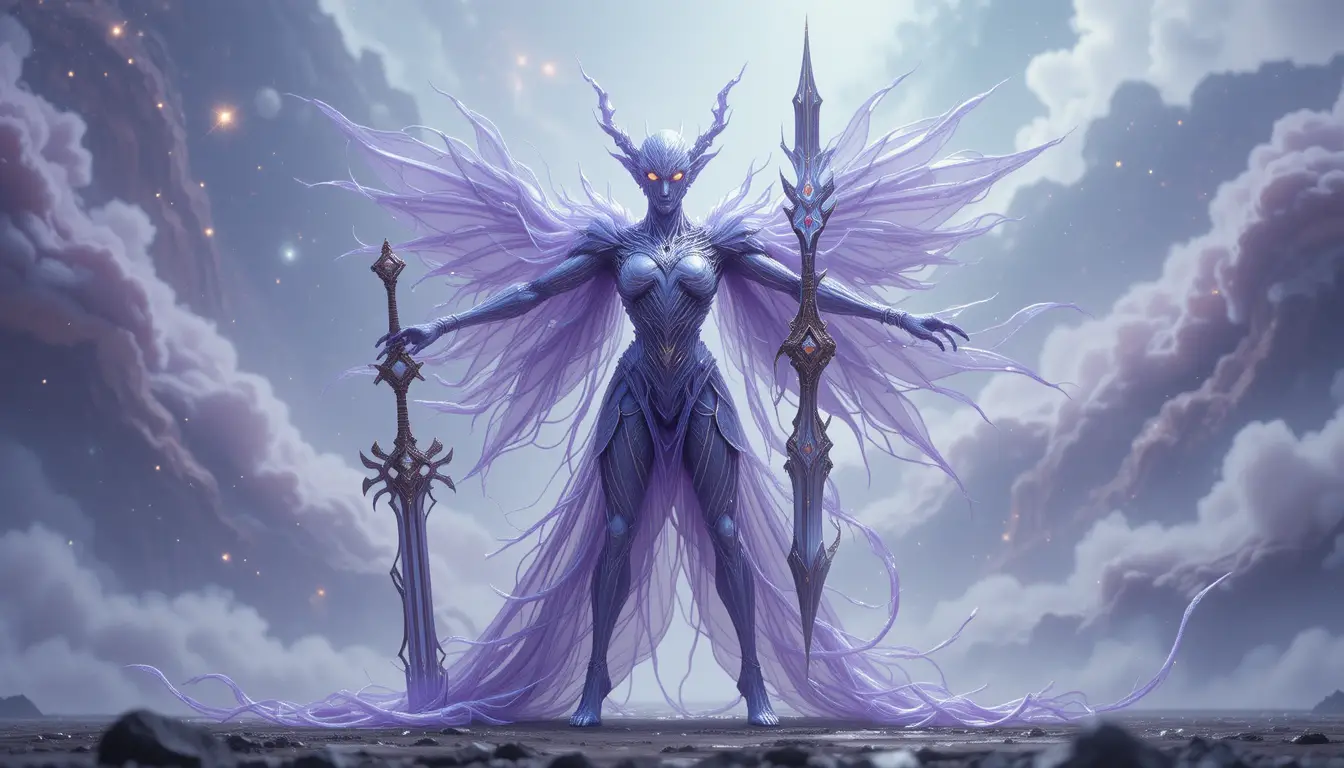 Ethereal crystal humanoid wielding an ornate cosmic weapon