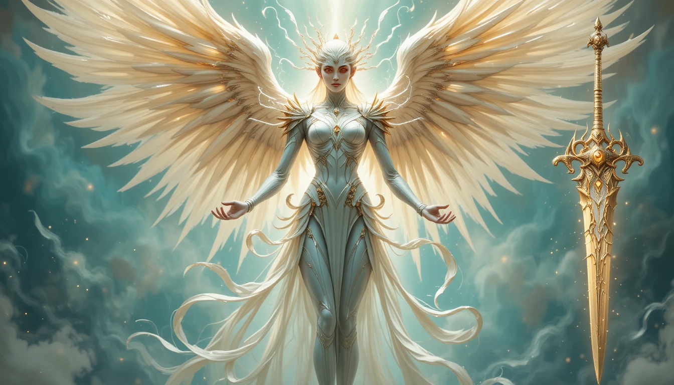 Radiant armored angel with ethereal wings and celestial sword