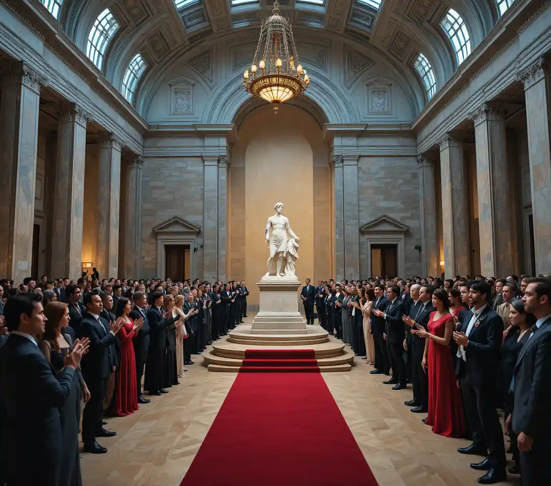 Elegante sala museale con statua di marmo e pubblico serale