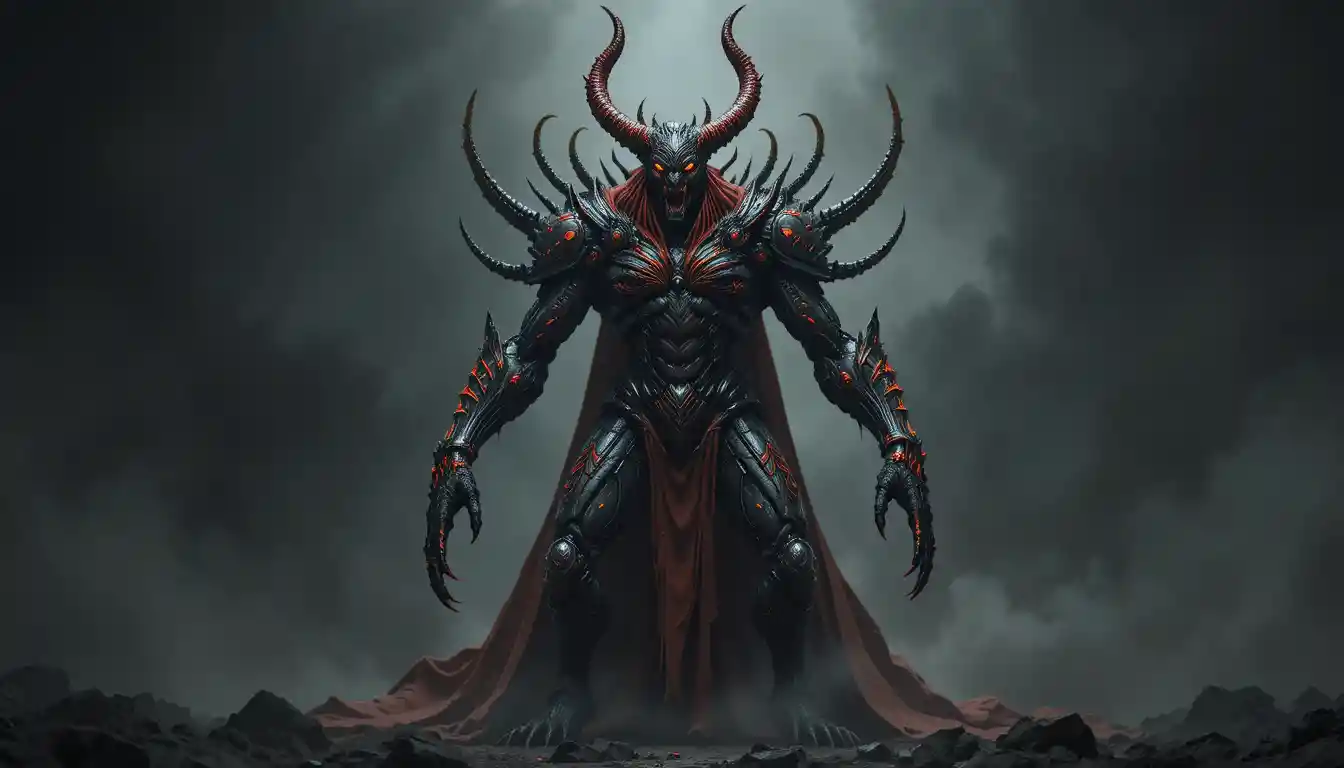 Armored demon lord with glowing eyes and crimson cape
