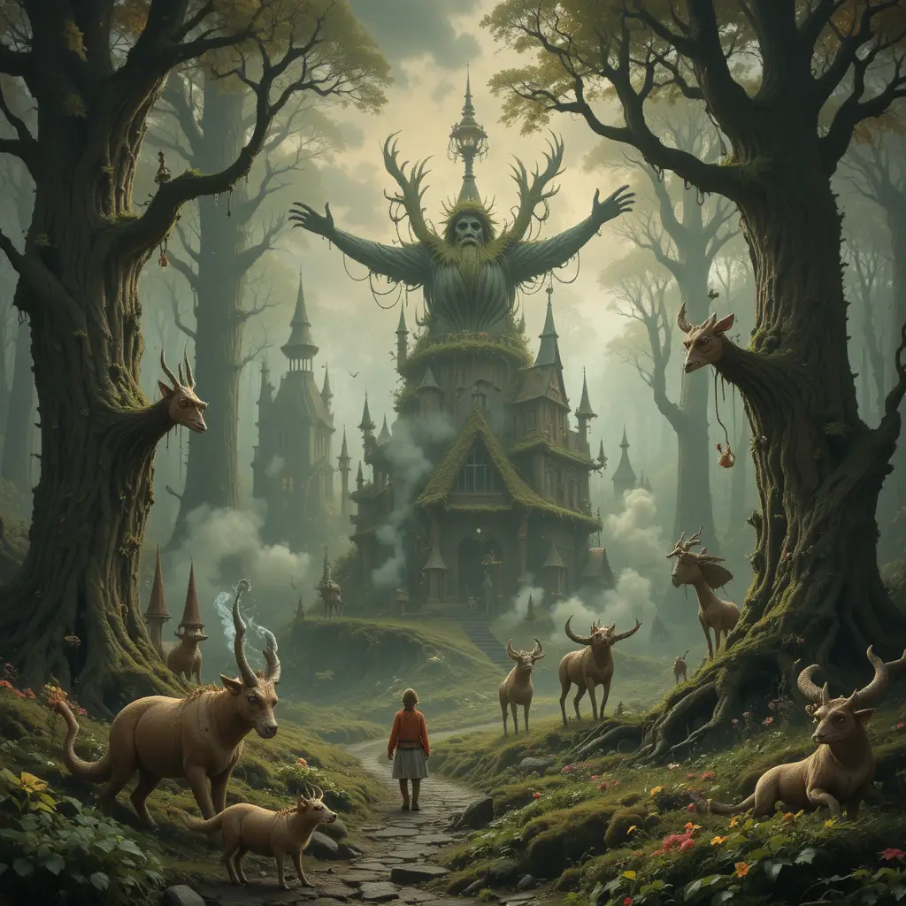 Children in a surreal forest of impossible architecture and smoke