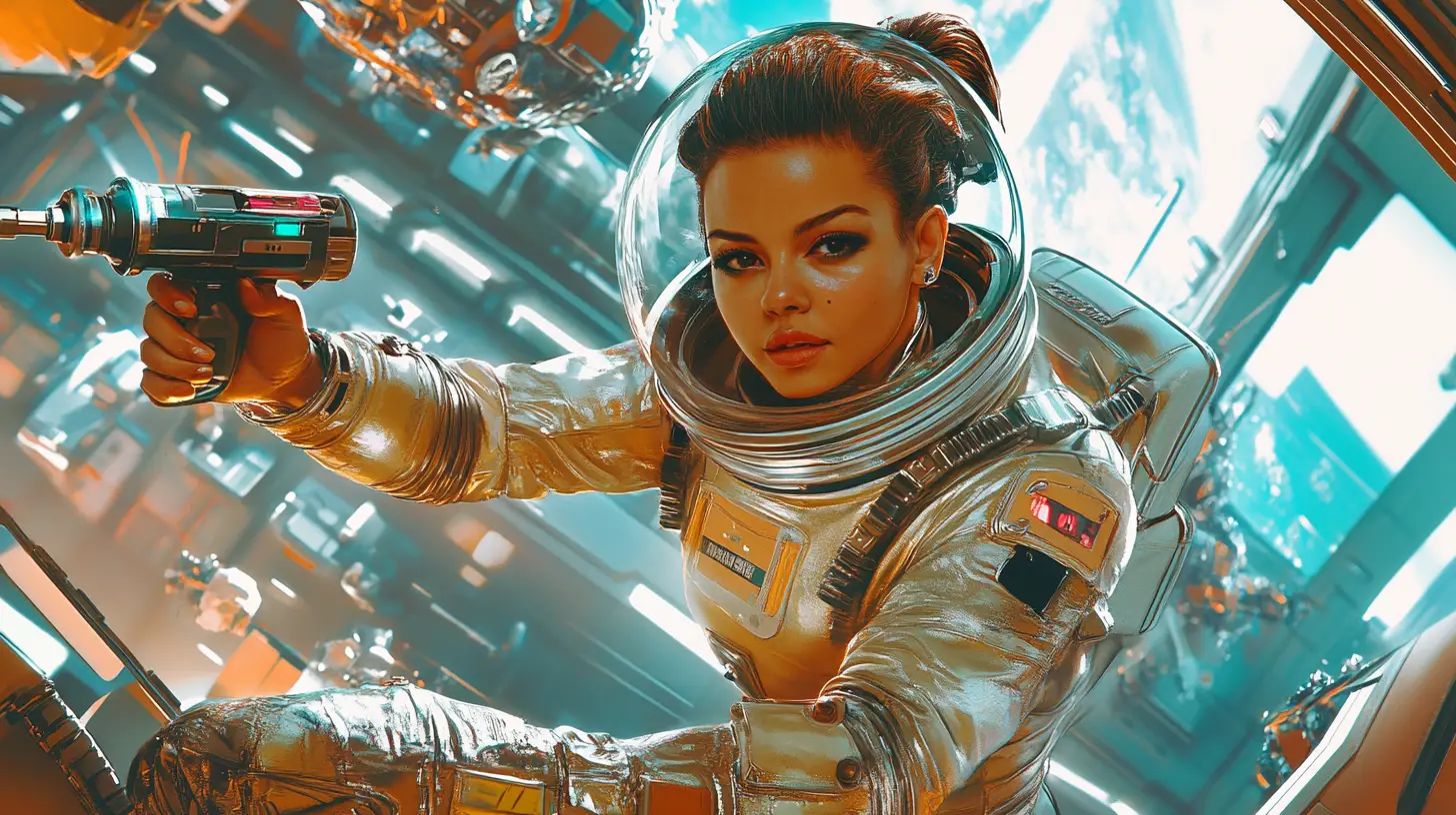 Astronauta mujer retro de ciencia ficción con taladro en estación espacial