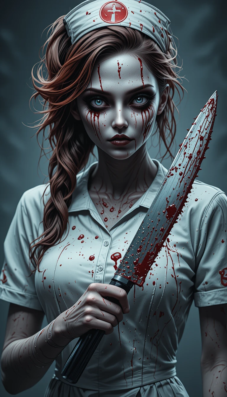 Grotesque monster nurse with bulging eyes and bloody knife