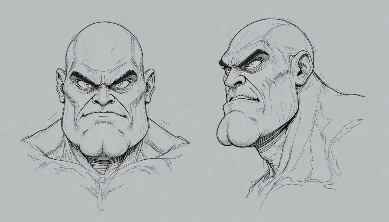 Bold line drawings of a muscular bald man in two views